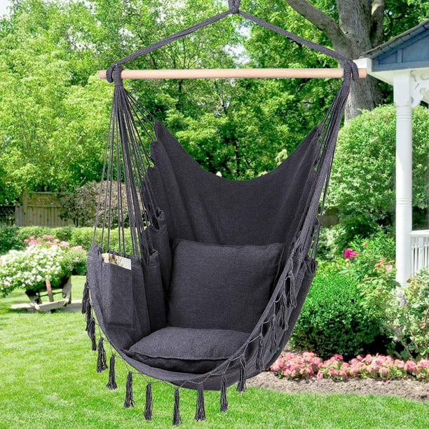 Hanging Rope Hammock Chair Cotton Canvas Outdoor Indoor Swing w/ 2 Seat Cushions